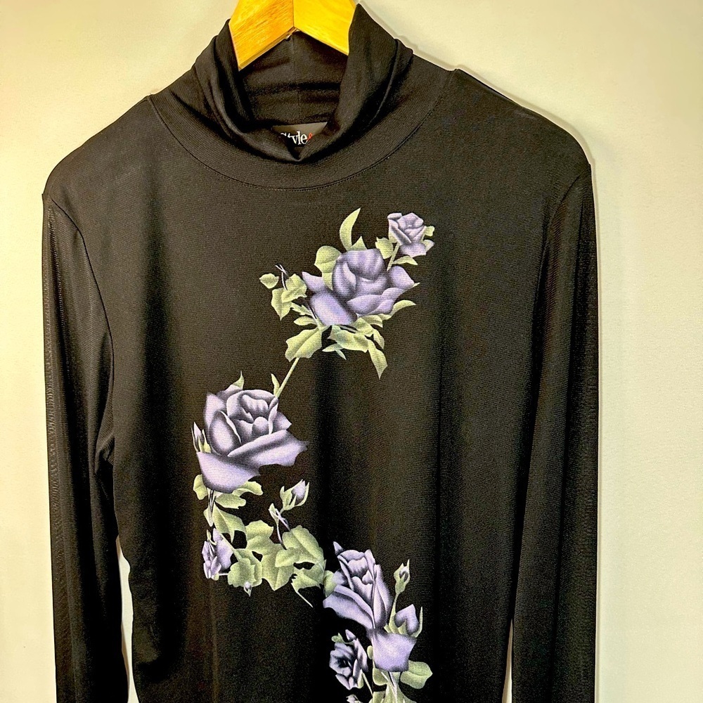 Style & Co Womens Size L Blouse Top Black Floral Long Sleeve  Mesh Lined Retro